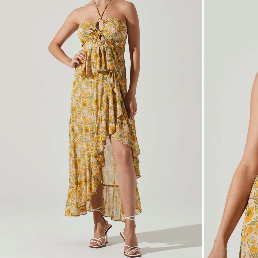 ASTR Vivee Floral Asymmetrical Halter Maxi dress